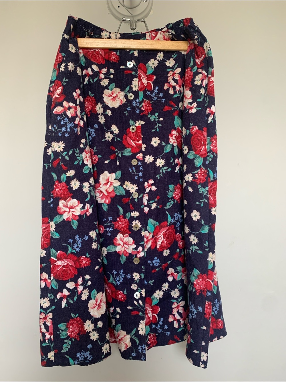Vintage Navy Floral Button-Front Midi Skirt - Women